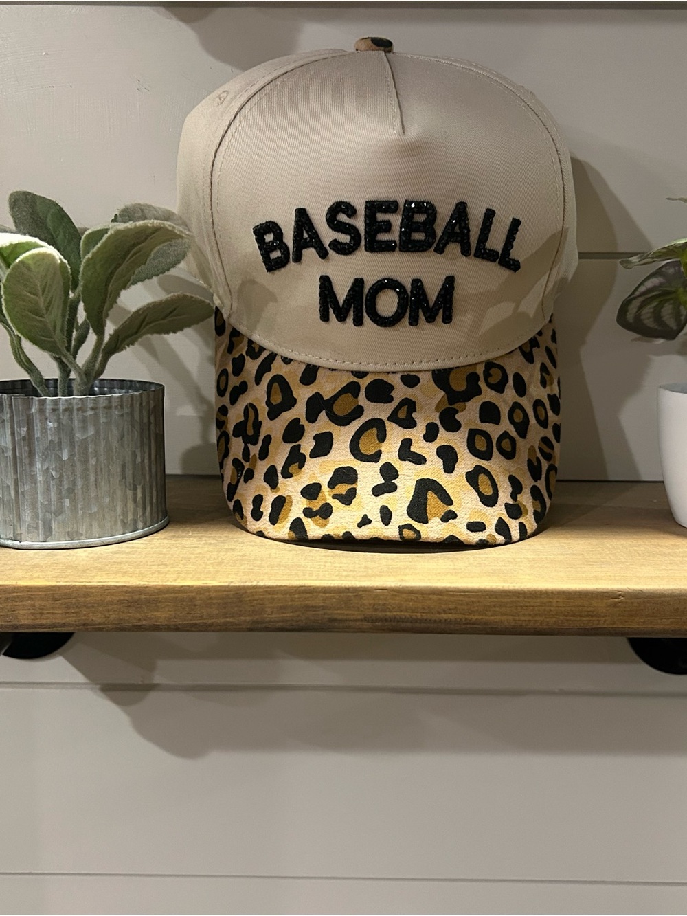 Rhinestone Baseball Mom Leopard Brim Baseball Cap - Cream and Leopard
